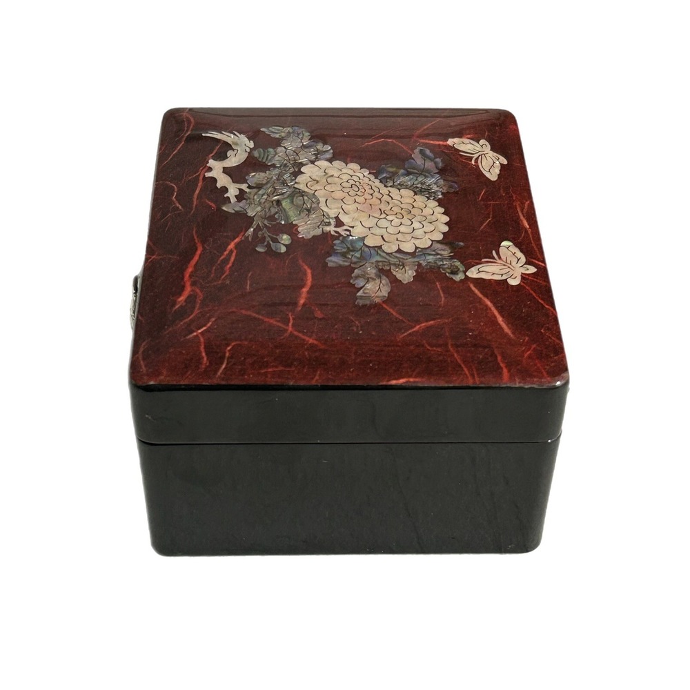 Trinket Box Lacquer Wooden Box Mother of Pearl‎ Inlay Asian Mirror Turtle Latch - Picture 2 of 13